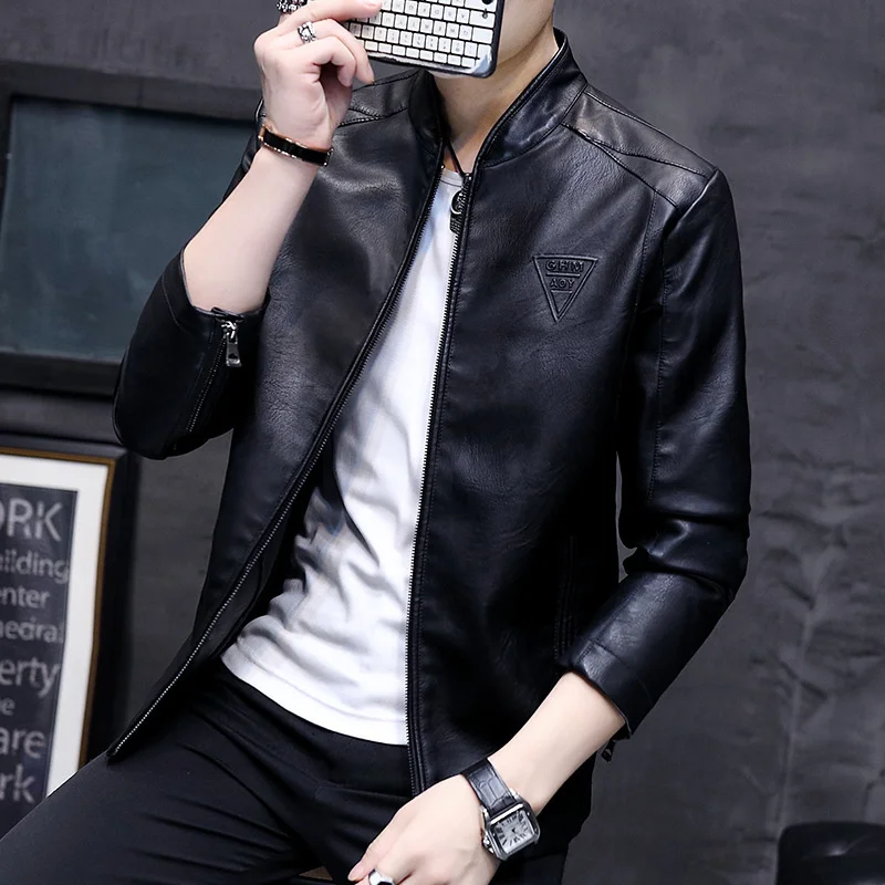 

jacket men's youth trend spring Leather and autumn new slim fit Korean version handsome men's stand collar coat leather man