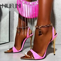 niufuni summer pointed toe fine high heels womens pumps sandals stiletto chain lock buckle patent leather peep toe sandal shoes