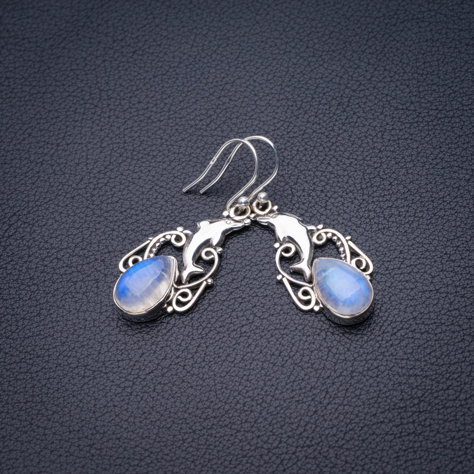 

StarGems Natural Rainbow Moonstone Dolphin Handmade 925 Sterling Silver Earrings 1.5" D6554