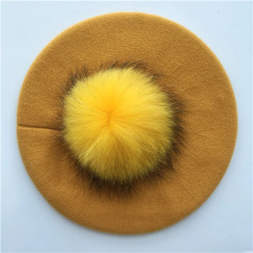 Yellow match fur Женские береты, шапка, зимние женские Повседневные вязаные шерстяные береты с натуральным мехом енота, весенние женские одноцветные береты, шапки - Цвет: Yellow match fur