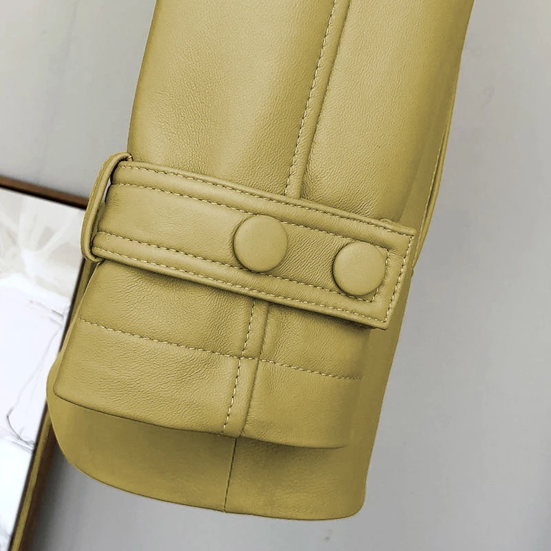 

Ailigou 2020 New Khaki PU Leather Windbreaker Coat Stand Collar Elastic Waistline Women's Fashion Autumn Faux Leather Coat