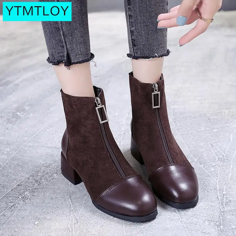 Black Brown Western Ankle Boots Women PU Leather High Heel Booties Heels Short Motorcycle Shoes Ankle Boots For Women