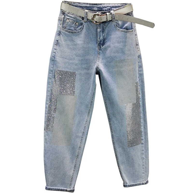 

thin rhinestone women jeans summer new high waist solid harem pants solid ankle length casual all match female jeans top quality