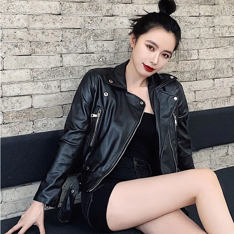 

Spring Autumn 2021 Short Faux Leather Jacket Women Plus size Long sleeve Motorcycle Biker Jackets With Belt Female High quality