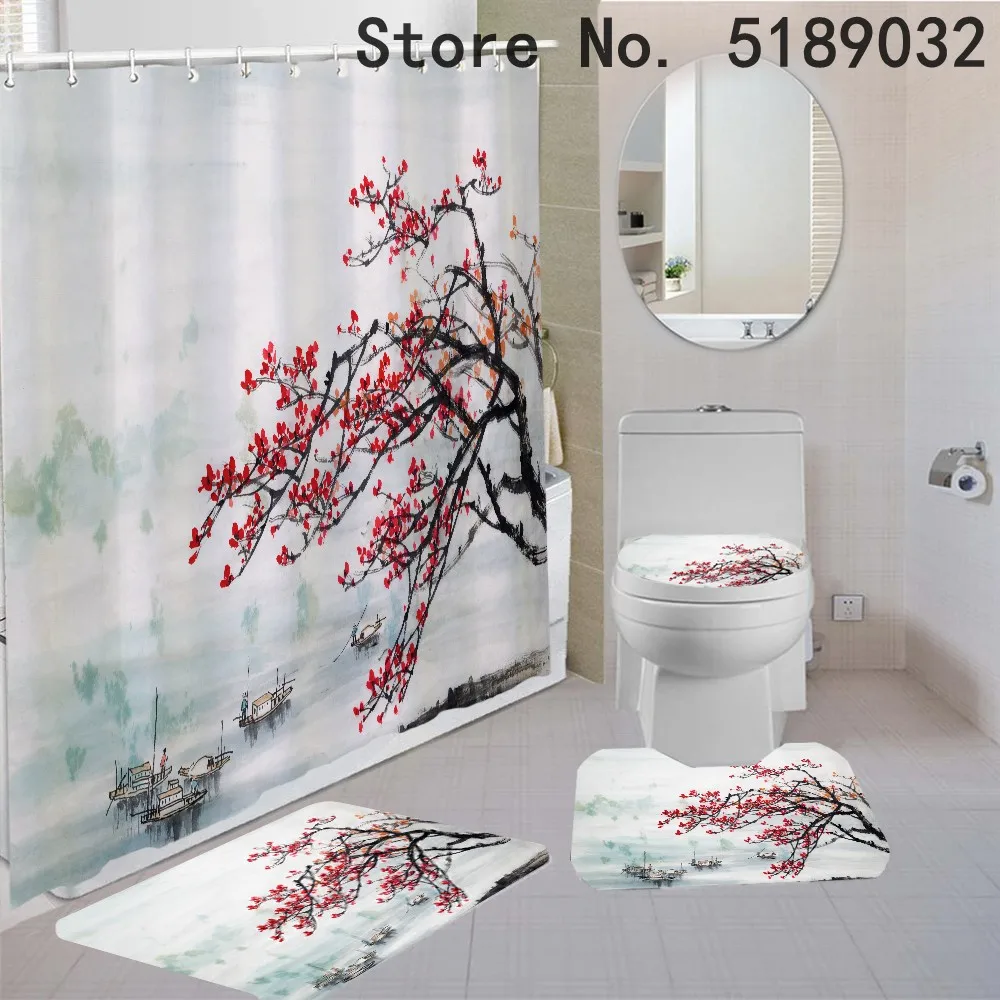 

Flower Plum Blossom Shower Curtains Toilet Lid Cover Bathroom Rug Carpet 4 Piece Natural Scenery Bathroom Decor Set and Rug Mat