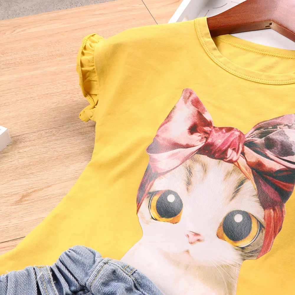 2 шт. хлопковая Футболка и джинсовые шорты с принтом кошки | Мать ребенок