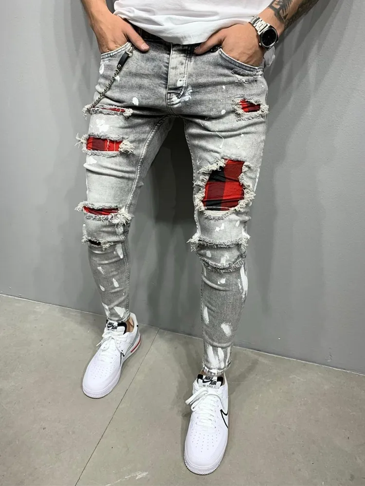 

Men's Quilted Embroidered jeans Skinny Jeans Ripped Grid Stretch Denim Pants MAN Elastic Waist Patchwork Jogging Denim Trousers