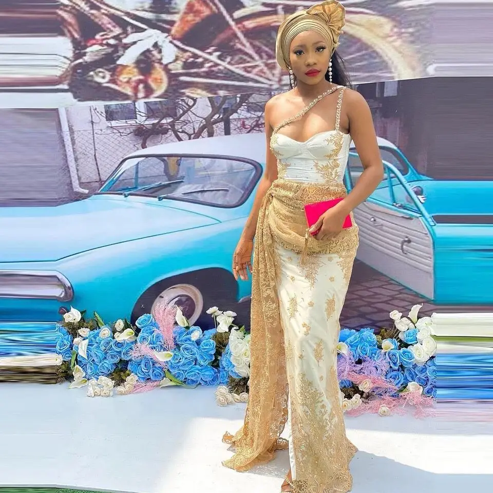 

Gold One Shoulder Prom Dresses With Beands Sequins Side Split Slit Mermaid Evening Dress Aso Ebi Formal Party Gowns African Robe