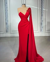 elegant red mermaid evening dresses one shoulder long sleeve dubai arabic side split prom dress vestidos de fiesta