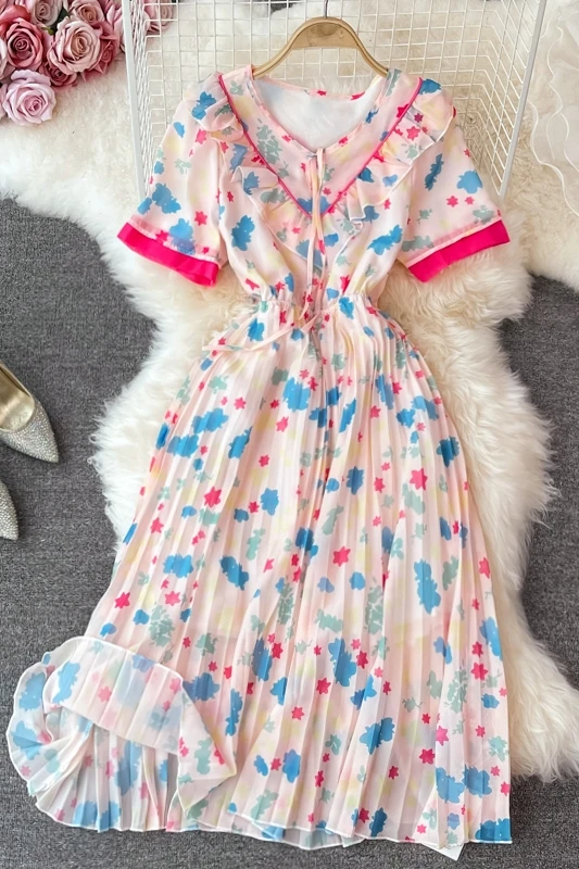 

2021 new women's Fashion Print Chiffon MIDI dress summer V-neck short sleeve high waist sweet A-line Dress Pink Party Dress