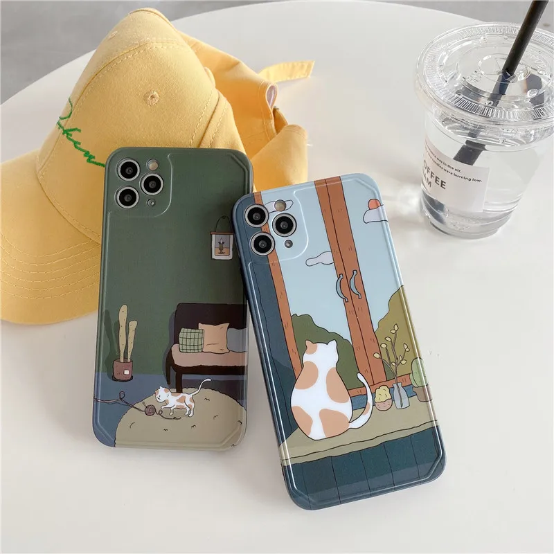 

Retro illustration Cute Japanese Cats Phone Case For iPhone X Xs XR XSmax 12 11 Pro Max 7 8 Puls Case Funny Soft Silicon Cover