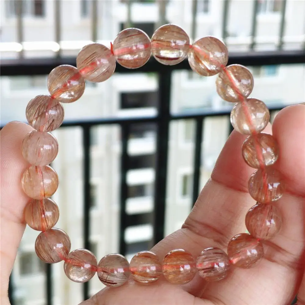 

Natural Copper Rutilated Quartz Bracelet 9.5mm Clear Round Beads Bangle Rare Women Men Wealthy Stone AAAAA