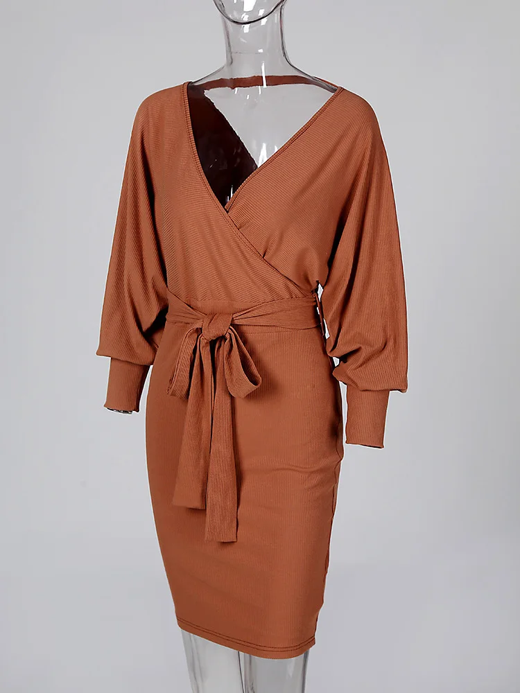 Женское облегающее платье с запахом Surplice в рубчик рукавами летучая мышь и V