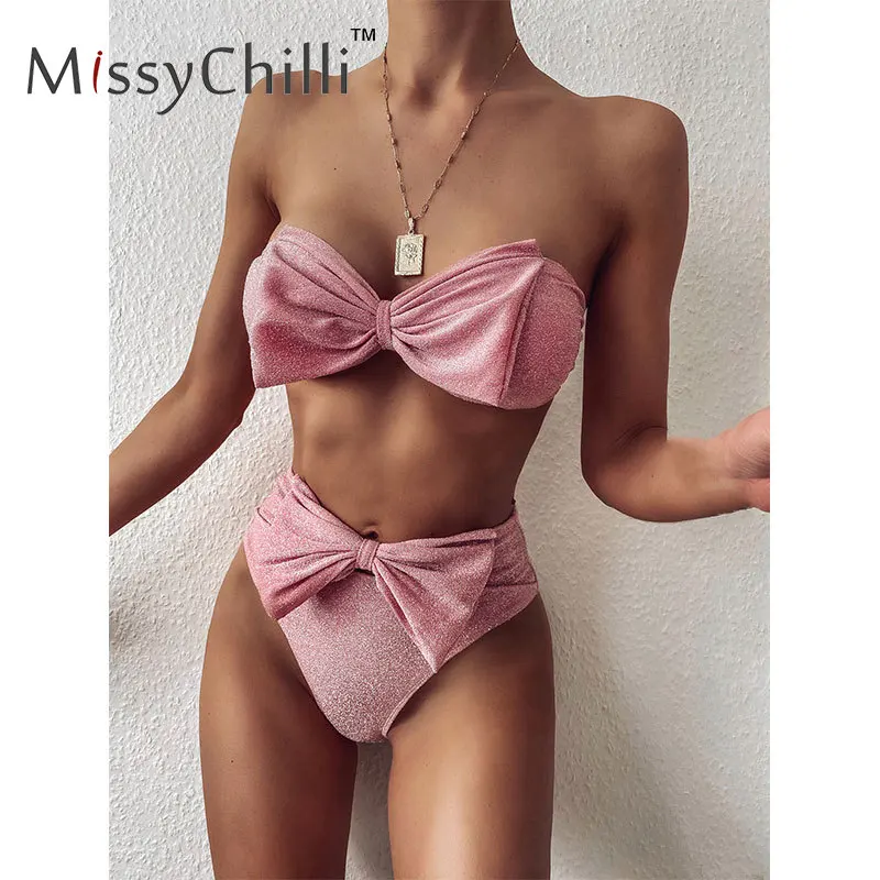 Бикини с люрексом MissyChilli и бантом купальник открытыми плечами женское бикини