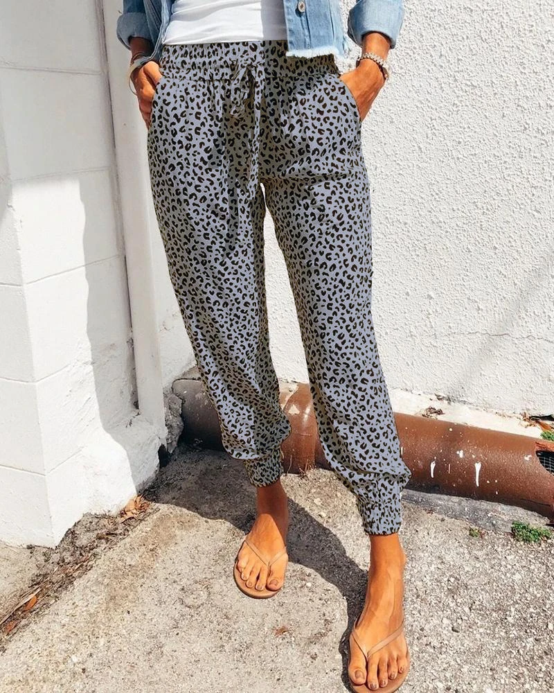 

2020 Women Fashion Elegant Casual Long Leopard Print Pockets Design Belt Thin Comfy High Waist Leopard Print Drawstring Pants