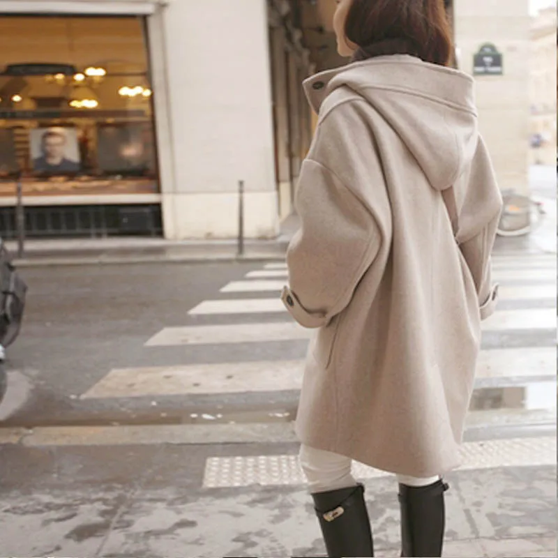 

2019 Korean Winter Arrival Women Streetwear Casual Long Sleeve Jacket Ladies Long Warm Hooded Tops Outerwear Horn Button Coat