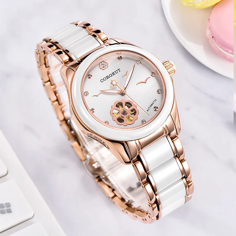 Corgeut 34 мм часы женские Розовое золото керамические автоматические механические