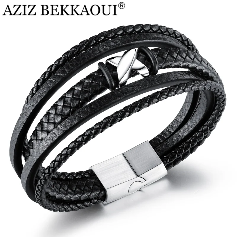 Мужской многослойный Плетеный Кожаный Браслет из нержавеющей