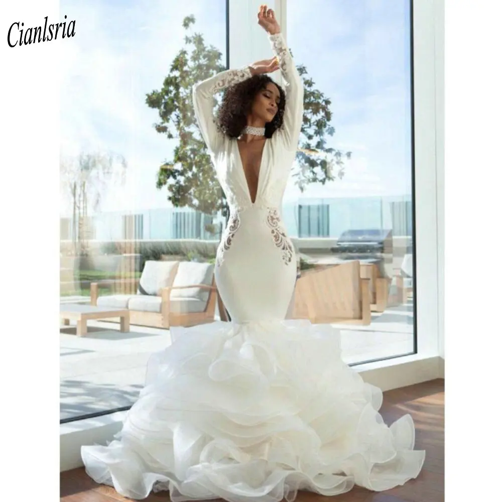

Charming High Neck Open Back Ruffles African Mermaid Wedding Dress Long Sleeve Appliques Lace Bridal Gowns Robe De Mariee