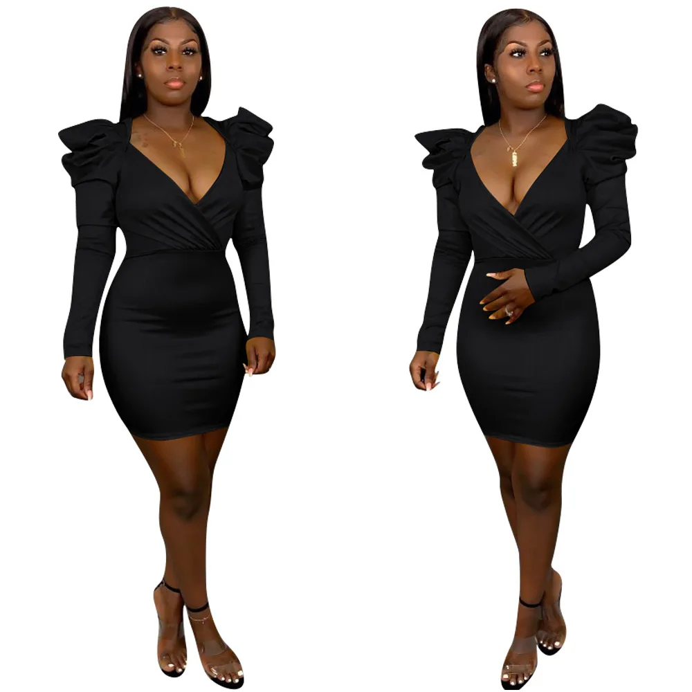 Сексуальное платье с v-образным вырезом и длинными рукавами-фонариками черное