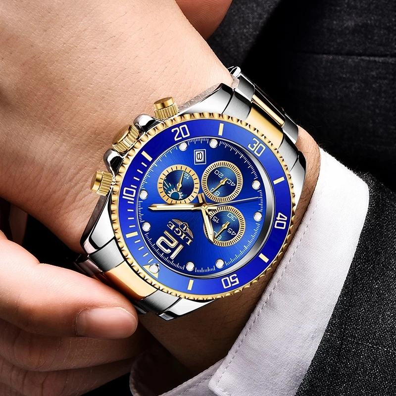 Часы наручные LIGE Мужские кварцевые с хронографом роскошные деловые