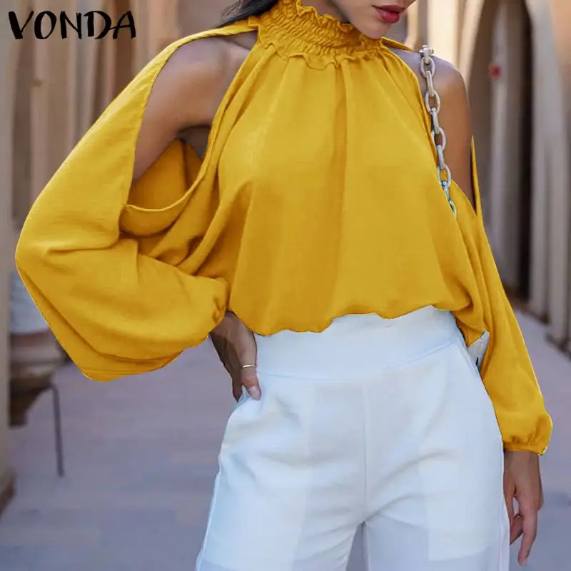 

2021 VONDA Party Tops Women Blouses Ladies Casual Solid Color Bohemian Blusas Femininas Long Sleeve High Neck Off Shoulder Tops