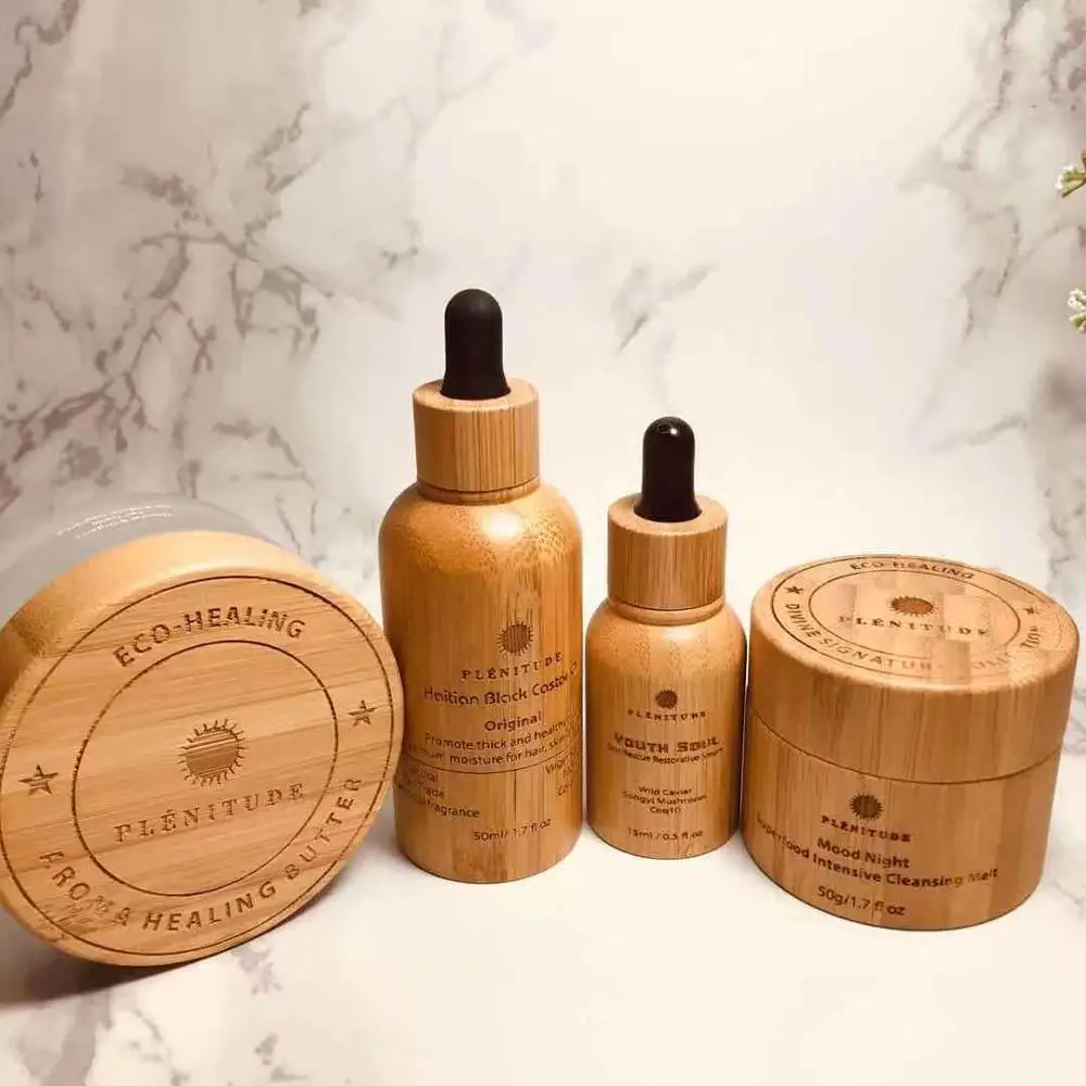 Natural Bamboo Cosmetic Packaging bamboo essential oil perfume Bottles 1oz Hemp CBD Cream Bottle with Wrapped Dropper |