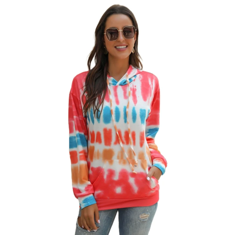 

X5XD Women Autumn Bright Colorful Tie-Dye Stripes Printed Sweatshirt Long Sleeve Drawstring Hoodies Hip Hop Casual Loose Tunic