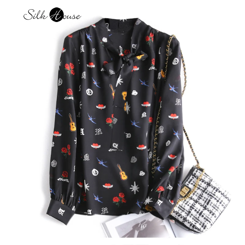 

Light Mature Style Light Luxury French Printed Silk Top Women's 100% Natural Mulberry Silk Women's Fashion Shirt New Style