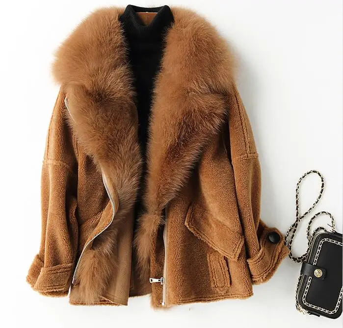 Real Fur Coat Fox Fur Collar Wool Jacket Autumn Winter Coat Women Clothes Korean Vintage Sheep Shearling Women Tops ZT3495