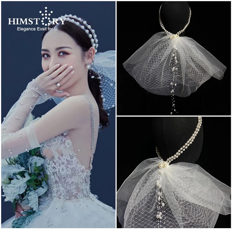 Himstory Bride Korean Double Layers Pearl Headband Wedding Veil Headdress White Silk Yarn Photography Hair Accessories
