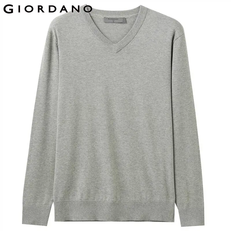 Мужской Однотонный свитер Giordano Трикотажный Хлопковый Повседневный с V-образным