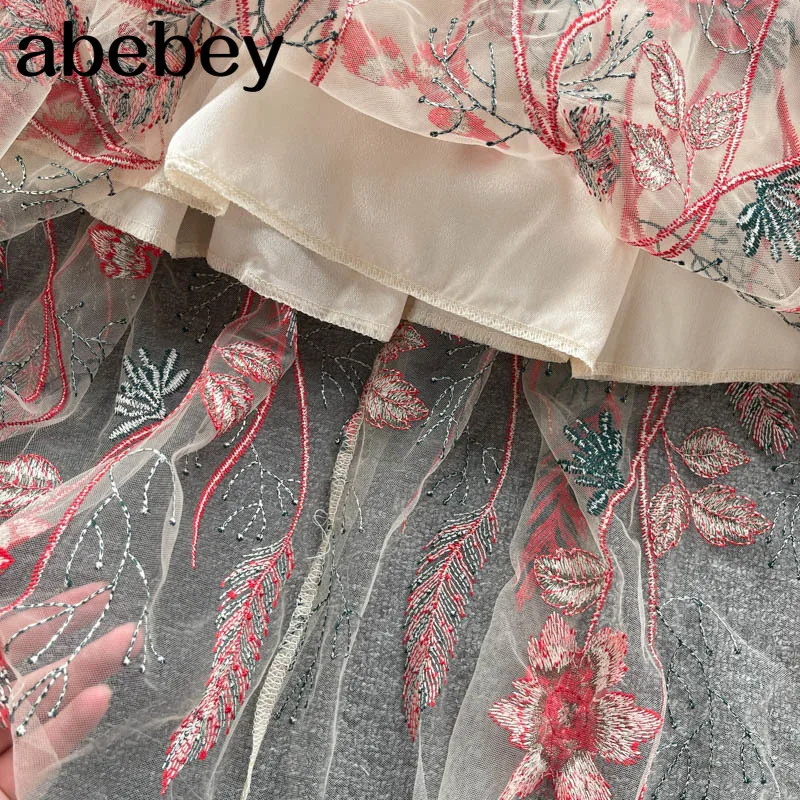 

High Quality Mesh Embroidery Flower Strap Dress Women French Sleeveless A-line Dresses Spring Chic Streetwear Midi Dress