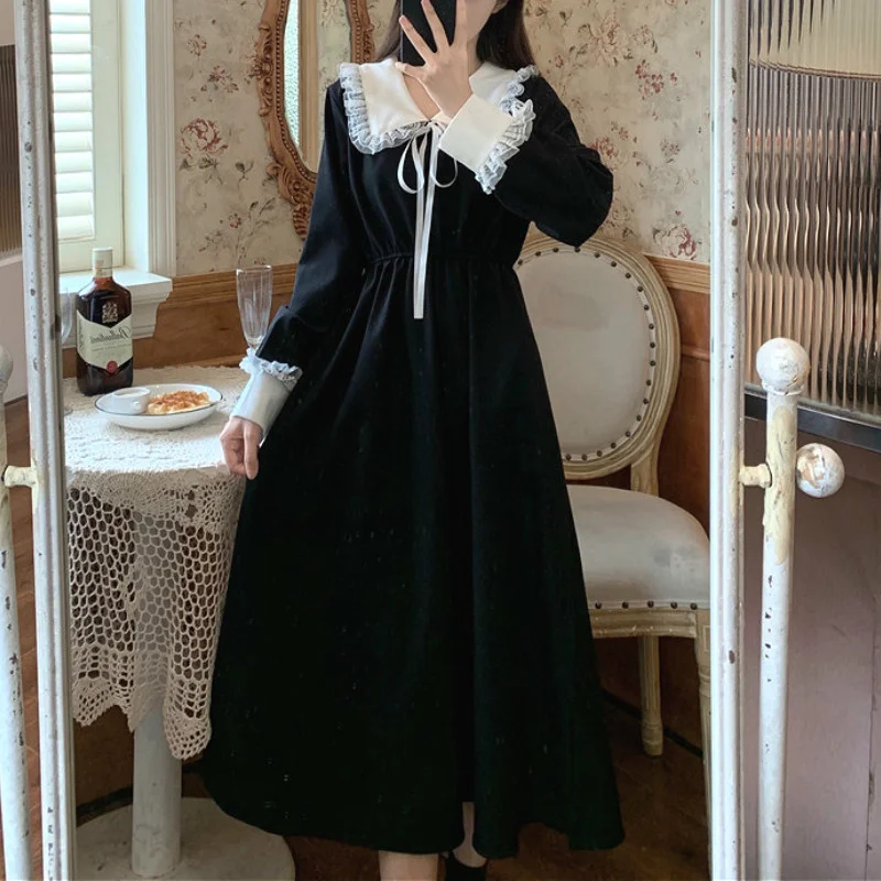 

Vintage Dress Women Sweet Lace Peter Pan Collar French Elegant Long Sleeve Lace-Up Fairy One Piece Dress Korean 2021 Autumn Chic