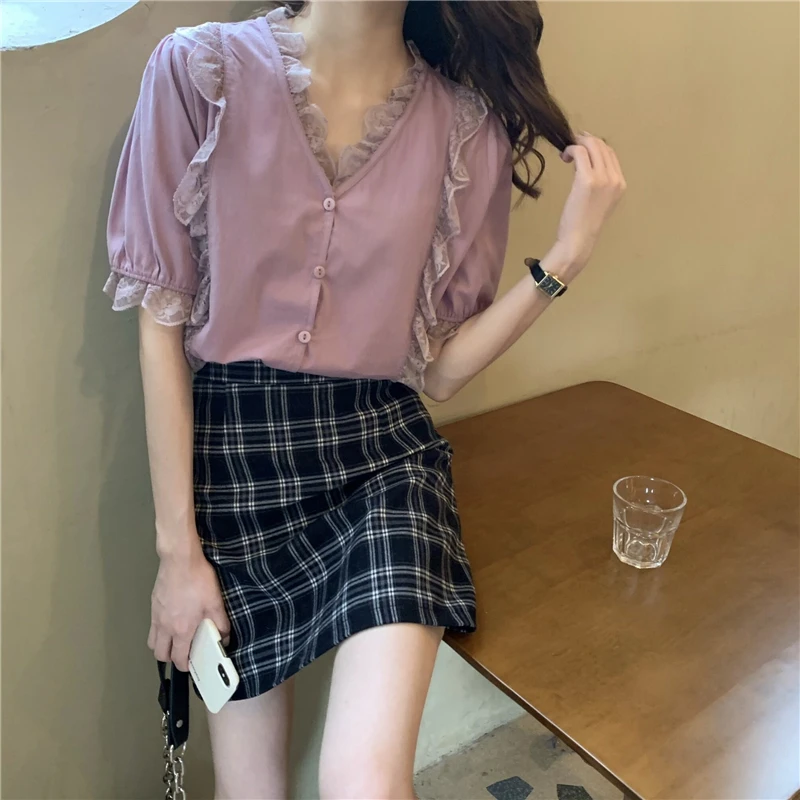 

Korean Chic Loose Puff Short Sleeve Ladies Tops Single-breasted Solid Patchwork Lace Tees Summer T Shirts Women Clothing Fashion
