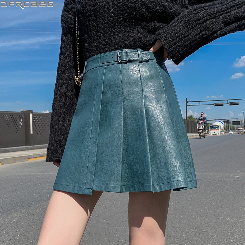 

New Winter Leather Pleated Skirts For Women Preppy Mini School Girl Skirt High Waist Belt Skater Skirt Purple White Black Blue
