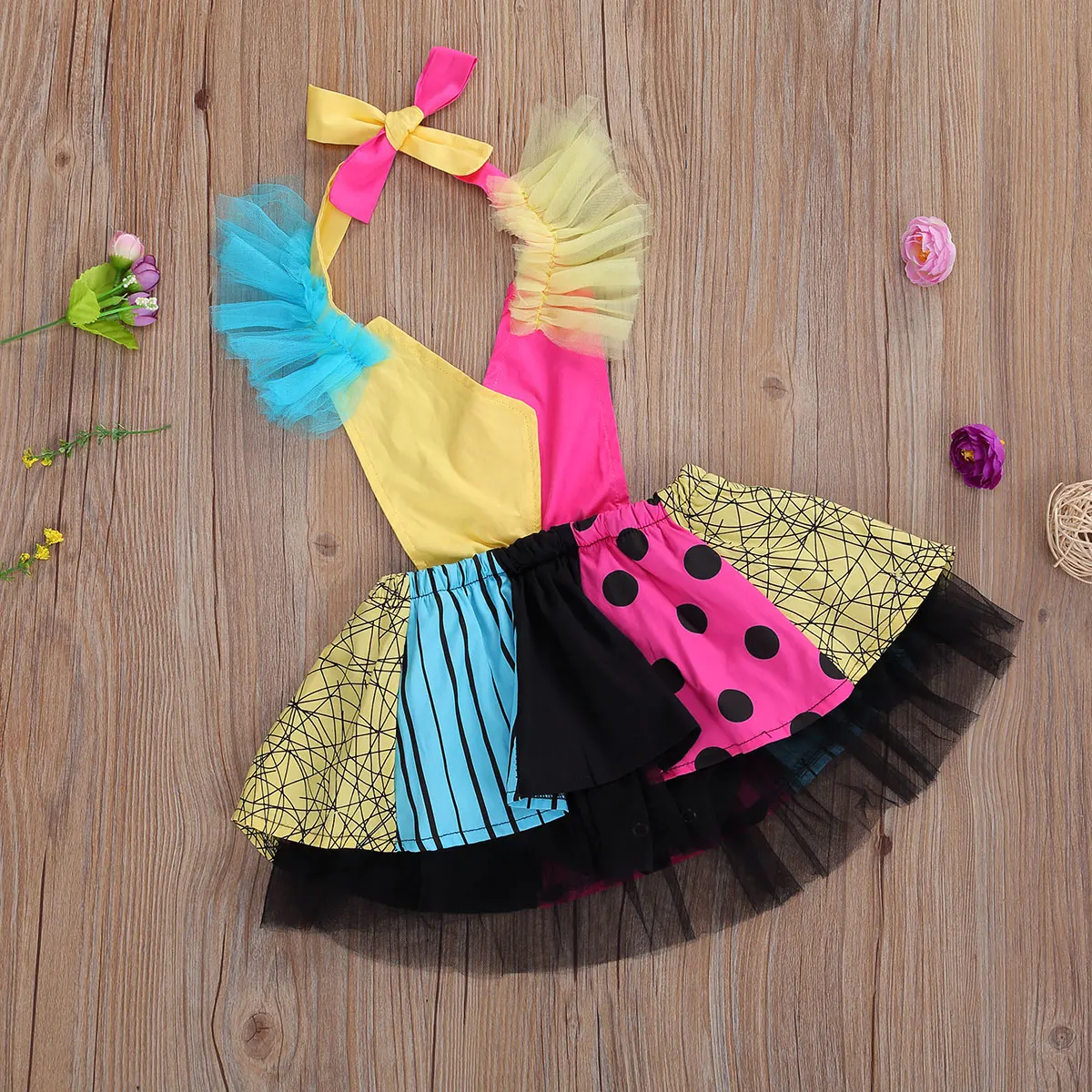 

0-24M Newborn Skirt-like Romper Infant Color Block V-neck Flying Sleeve Mesh Patchwork Halter Multicolour Playsuit Lace-up Dress