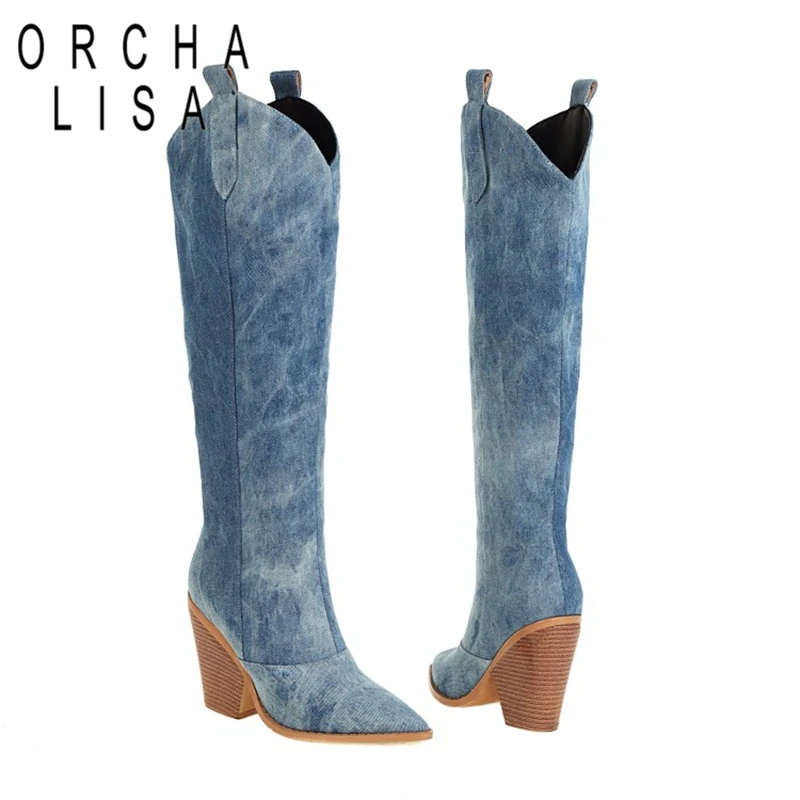 

Высококачественные женские сапоги до колена с острым носком, на танкетке, на массивном каблуке, джинсовые сапоги на молнии, большие размеры ...