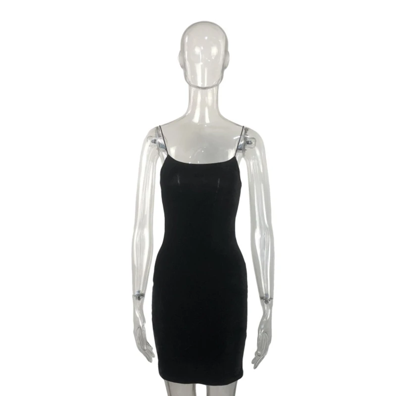 

Black Velvet Spaghetti Strap Dress High Waist Mini Skinny Sleeveless Off Shoulder Women Fashion Elegant Party Dress