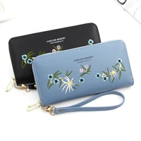 embroidery flowers women wallets zipper coin purses female letter solid color card holder ladies wristband handbag money clip