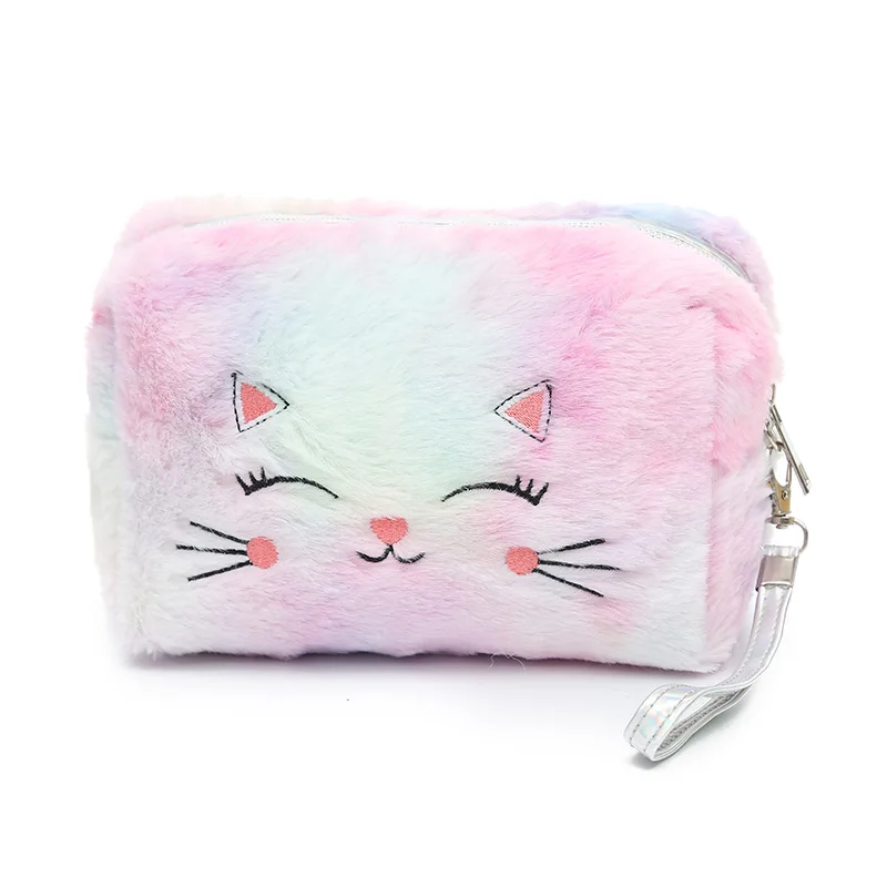 

F218 Cute Plush Kids Rainbow Belt Zipper Cartoon Colorful Fluffy Cat Cosmetic Bag Soft Makeup Pouch