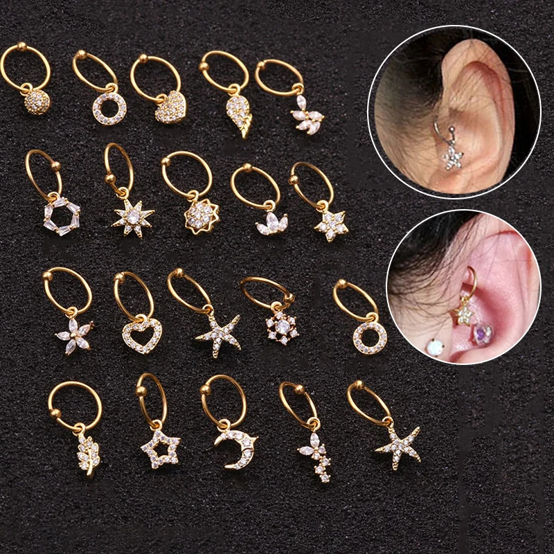 

Women Gold Silver Color Zircon Ear Hoops Cute Small Mix Shape Circle Cross Heart Moon Pendants Ear Cuff Piercing Earrings Gifts