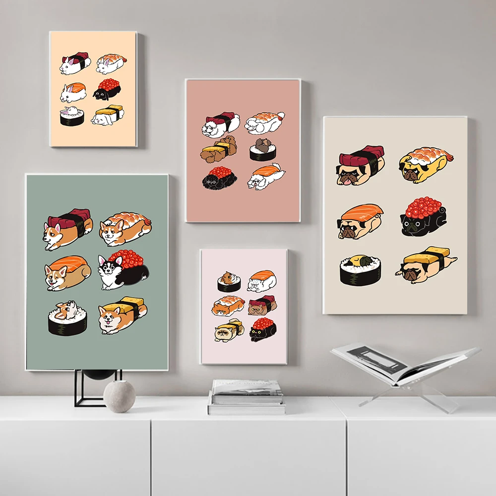

Ramen Cat Japanese Sushi Pug Cat Canvas Painting Wall Art Nordic Posters and Prints Wall Pictures for Living Room Decoration