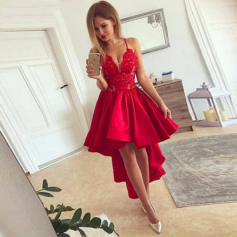 

High Low Prom Dress Real Spaghetti Straps Lace Appliques Bodice Tea-Length Party Gowns A-Line Satin Cocktail Dresses