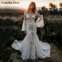 bohemia lace long flare sleeves wedding dresses mermaid sexy illusion vestido de noiva bridal gowns court train bridal robes