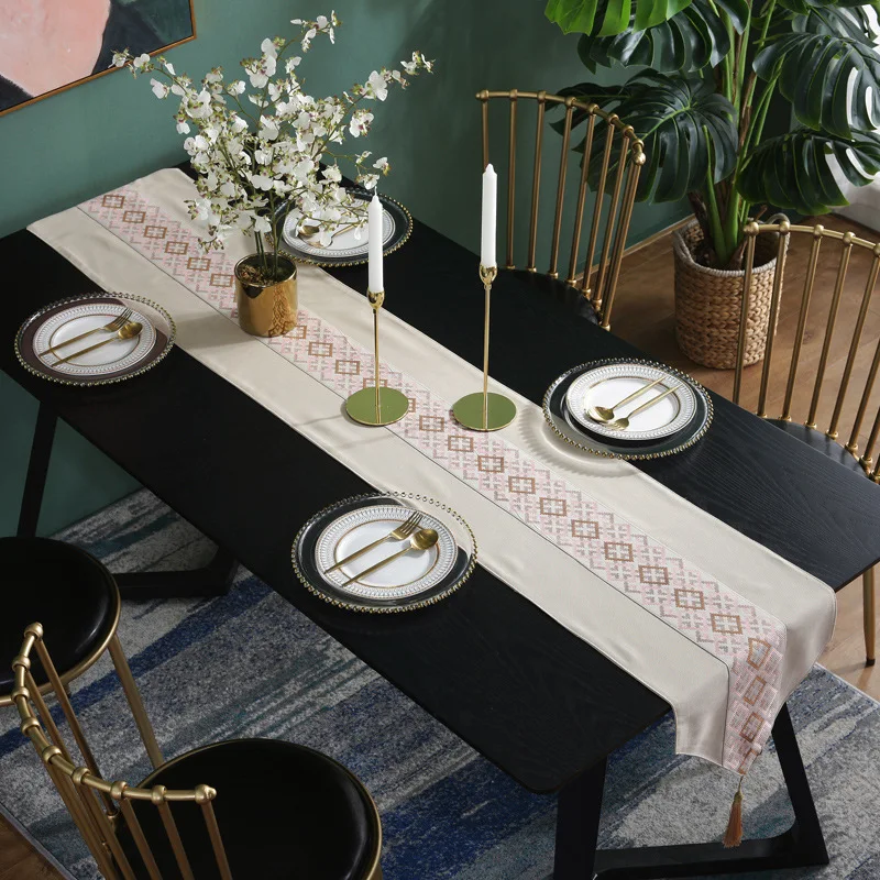 Simple New Chinese Style Printed Table Runner Geometric Mosaic Tassel Pendant Cotton Linen Home Decor Cover Towel | Дом и сад
