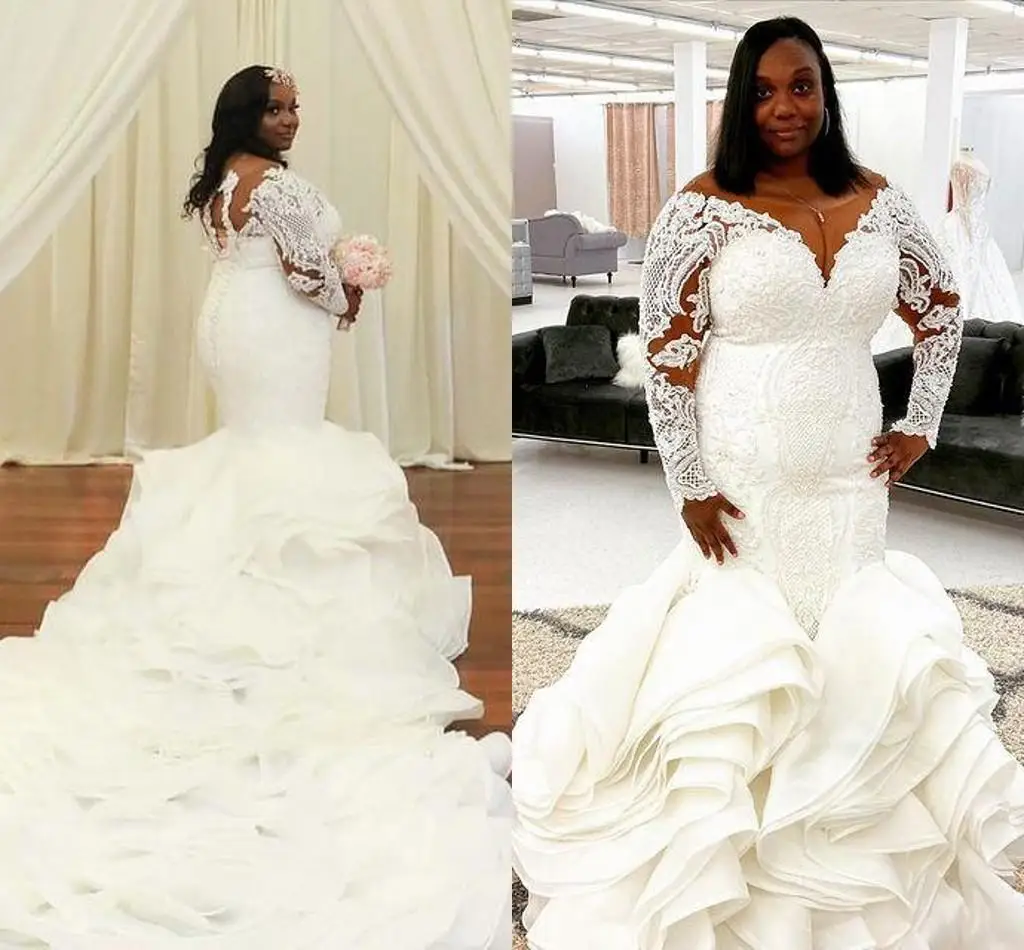

Plus Size African Mermaid Wedding Dress Luxury Cathedral Ruffles Train Lace Long Sleeve Arabic Aso Ebi Bridal Wear
