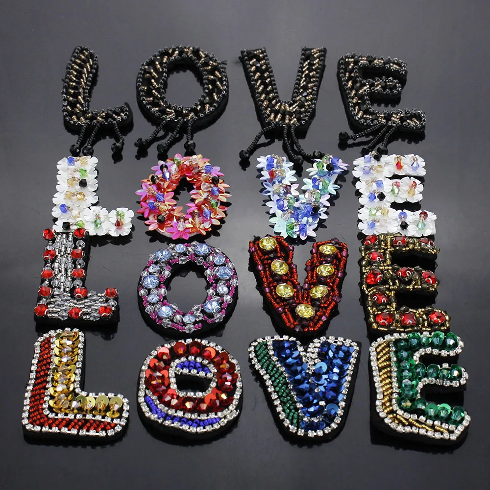 1set Rhinestone LOVE letters beaded Embroidery Fabric Applique Patch Sew Dress Cloth bag shoes Decorate Accessory DIY - купить по