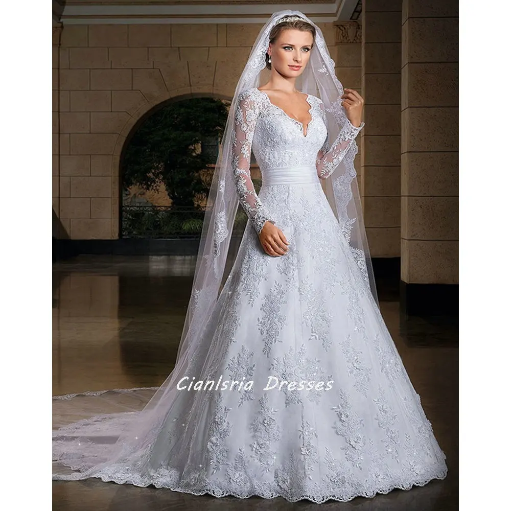 

Vintage Illusion Back Long Sleeve Pleat A-Line Wedding Dresses V-Neck Appliques Lace Plus Size Bridal Gown Vestido De Noiva