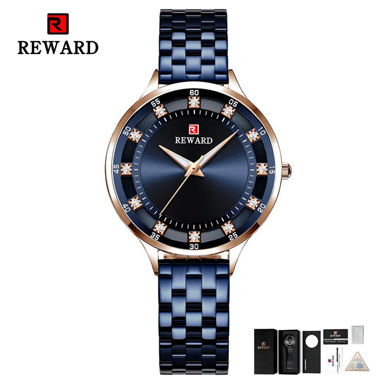 gold blue(with box) Часы для женщин класса люкс, брендовые, стальные, модные, женские кварцевые часы, Relogio Feminino Montre Femme, часы с алмазами - Цвет: gold blue(with box)